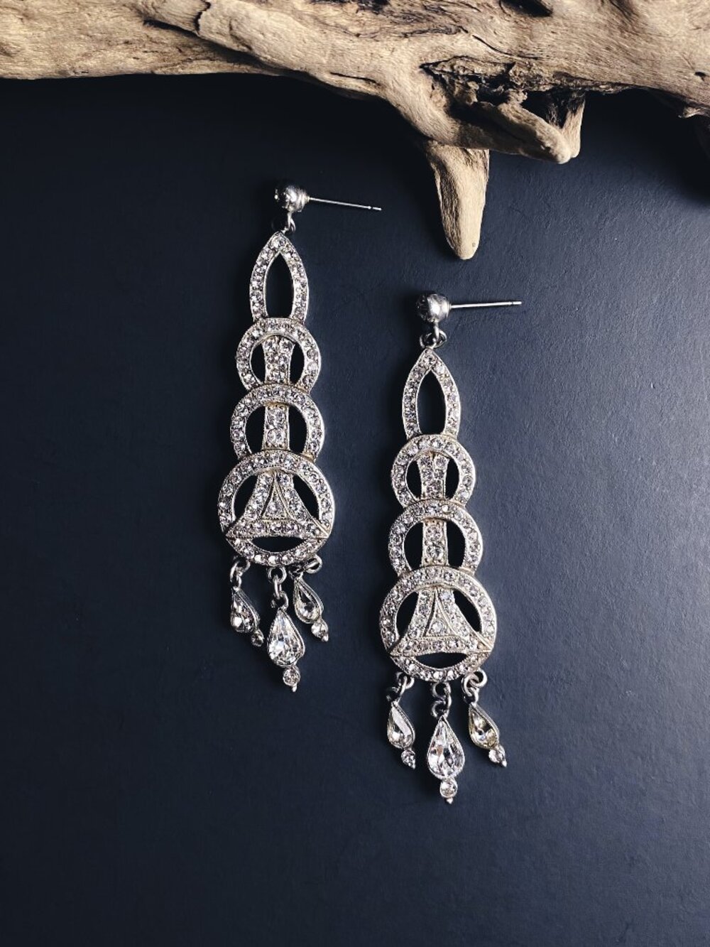 Ben-Amun Vintage Art Deco Crystal Rhinestone Jewel Chandelier Dangle Earrings